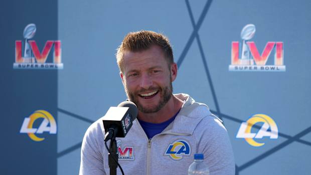Feb 11, 2022; Thousand Oaks, CA, USA; Los Angeles Rams coach Sean McVay during press conference at Cal Lutheran University. Mandatory Credit: Kirby Lee-USA TODAY Sports